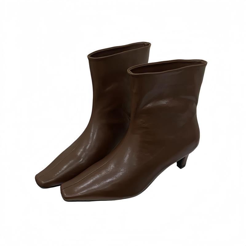 New Korean Version Heel Height 6.5cm~ Minimalist French Square Head Thin Heel Thin Short Ankle Boots Women