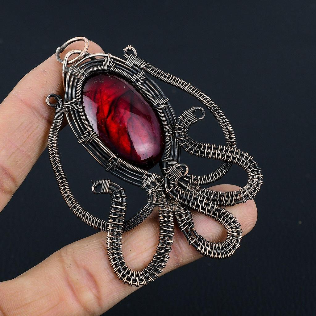 Red Flash Labradorite Pendant, 999 Copper Wire Wrapped Jewelry, Gemstone Jewelry Pendant, Handmade Wedding Gift Jewelry