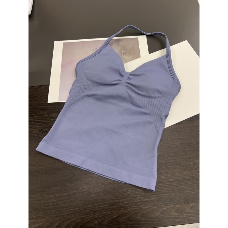Df Thin-Strap Running Ruched Halter Fitness Bra with Chest Pads, Shaping, Shockproof, Beautiful Back Sports Yoga Tank Top for Women