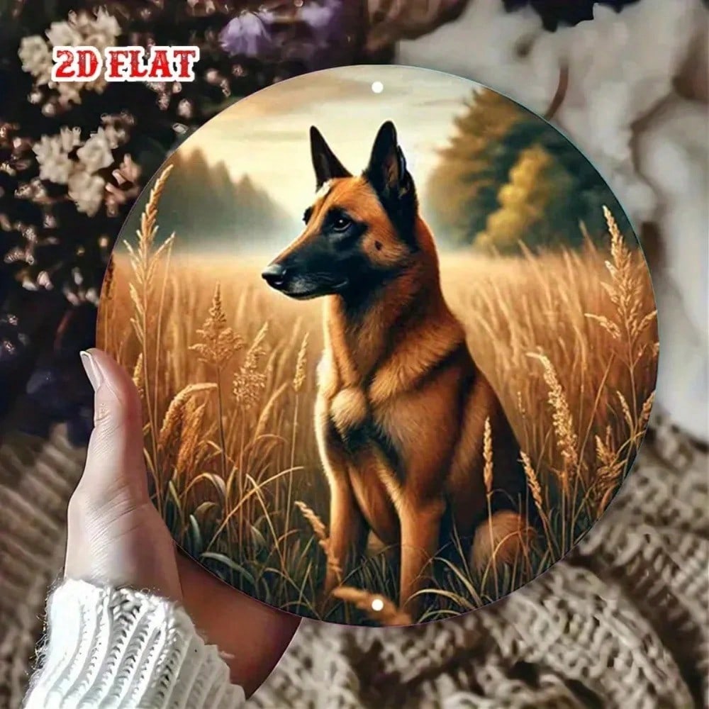 2D Flat Metal Round Wall Art Sign, Nature Landscape with Dog Art Print, Modern Home Cafe Decor, Scandinavian Style