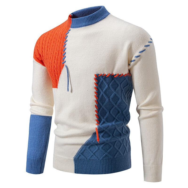 Fashion Men's Clothing Contrasting Color Patch Sweater Knitted Sweater Semi-turtleneck Breathable Sweater
