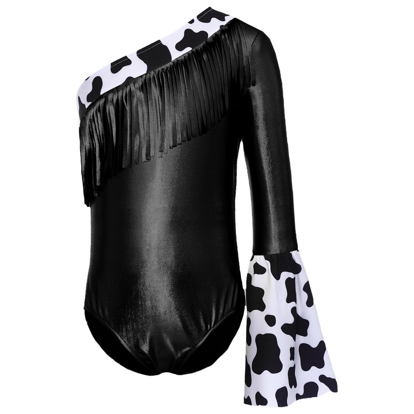 

Girls Cowgirl Costume Left Long Flare Sleeve Fringed Metallic Patchwork Leotard Press Buttons Bodysuit 15-16 Years чорний