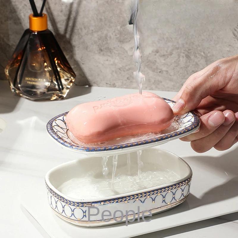 Nordic Soap Holder Stripes Perforated Soap Dish Ceramic Household Drain Soap Box Washstand Gargle Cup Bathroom Accessories