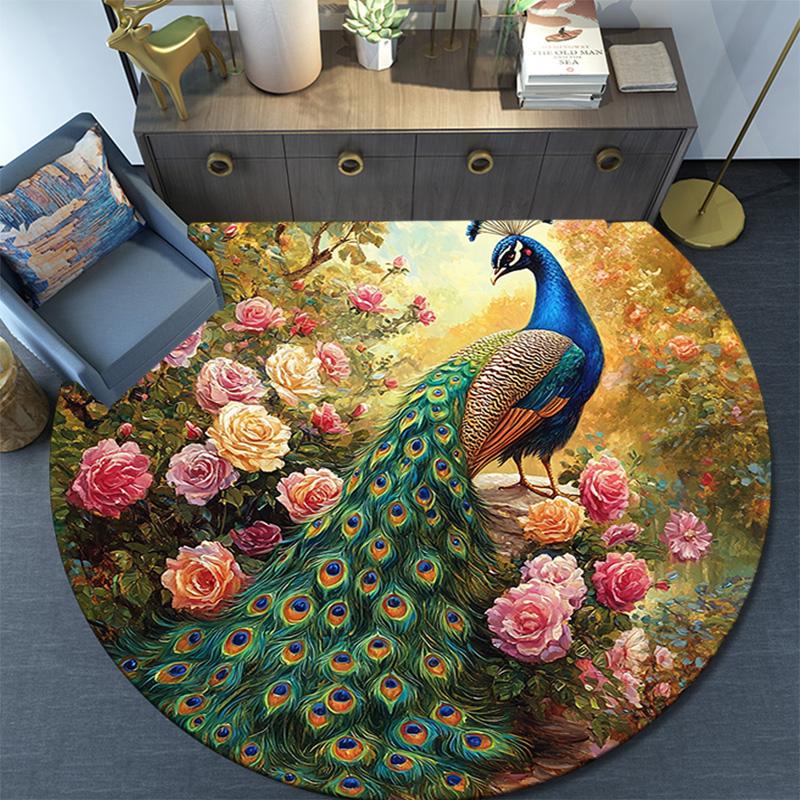 Peacock Garden Round Area Rug,Carpet Rug for Living Room Bedroom Sofa Playroom Decor,Non-slip Floor Mat