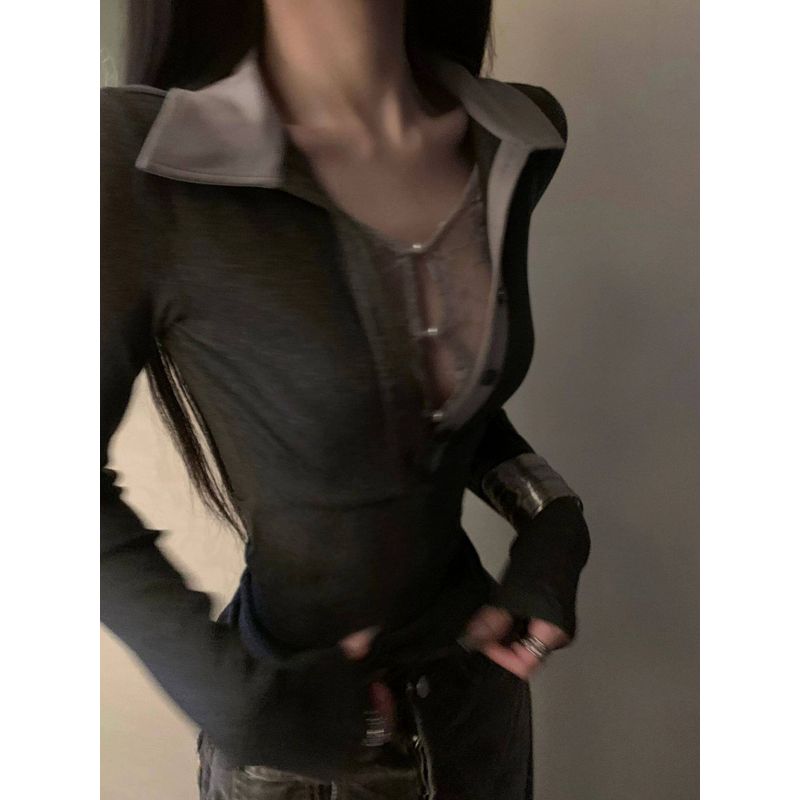 

021Ope Stylish Lace Patchwork Top Slim Fit Waist-Cinching Knit Sweater Faux Two-Piece Long-Sleeve Women s High-Intelligence Style Gray Lace Top S