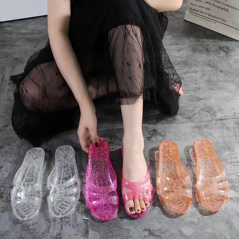2024 New Arrival Fashion Slides Womens Jelly Flats Shoes Transparent Sandals Anti-slip Round Female Casual Non-slip Woman Sandal