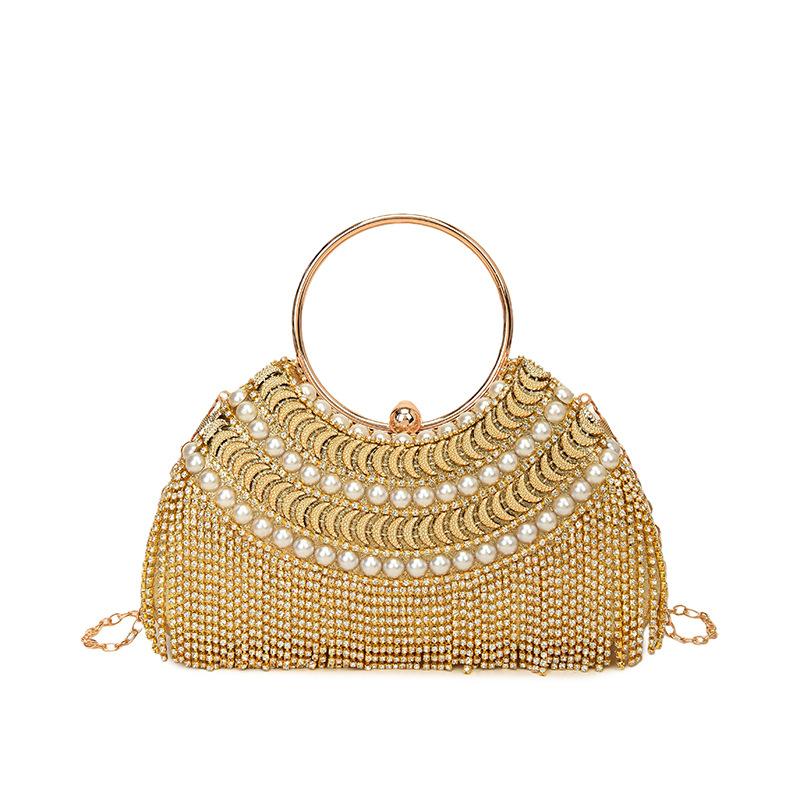 

Elegant French Design Diamond Embedded round Ring Handbag Tassel Evening Bag Women s Purse Versatile Shell Shape Polyester Fiber золотой