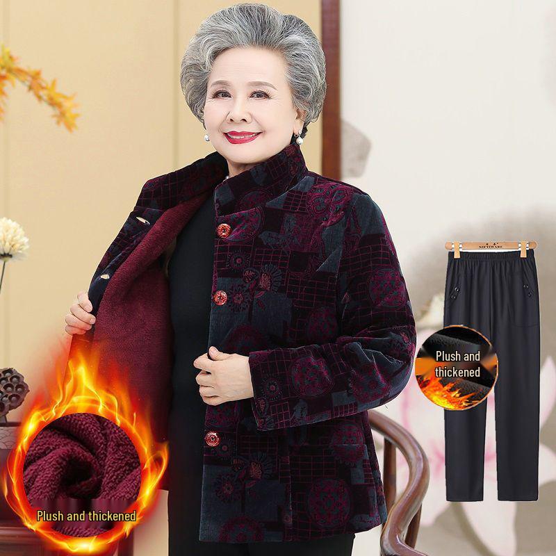 Fleece-Lined Winter Jacket for Middle-Aged and Elderly Women: Grandma Style, Thickened Cotton, Two-Piece Set (Top and Jacket).