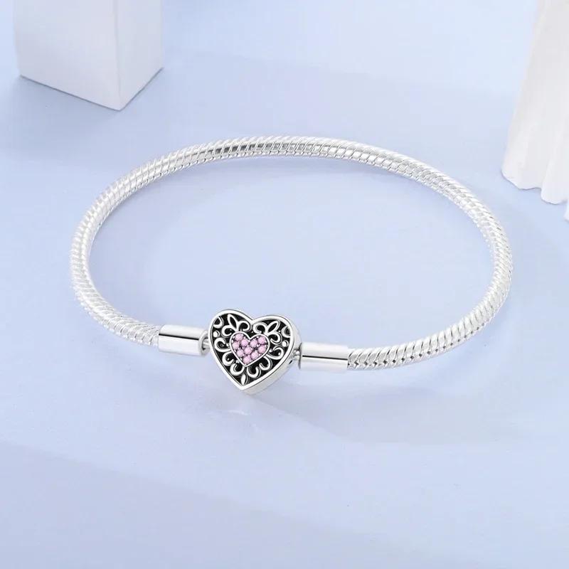 925 Silver Pink Heart Bracelet Shiny Zircon Fit Charms Silver 925 Bracelet DIY Jewelry Making Fine Gifts for Women