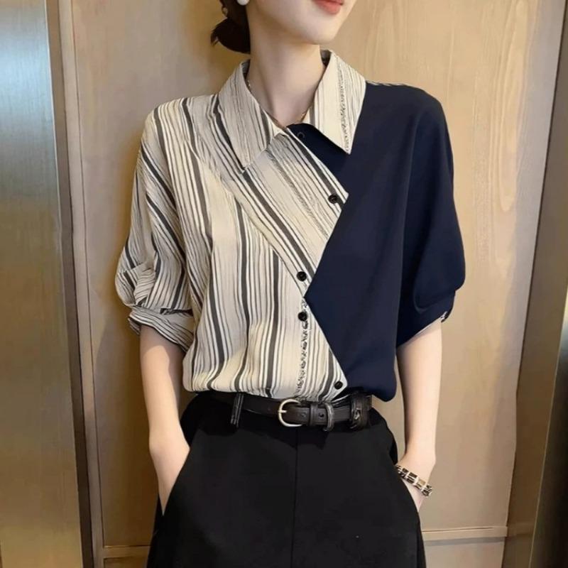 Women Striped Color Block Patchwork Turn Down Collar Short Sleeve Casual Shirt S
