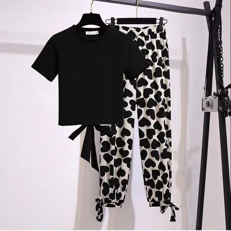 Set de vară cu model inimă, subțire, din două piese, pentru studenți: Stil Stradal Casual cu Design Dulce sau Cool