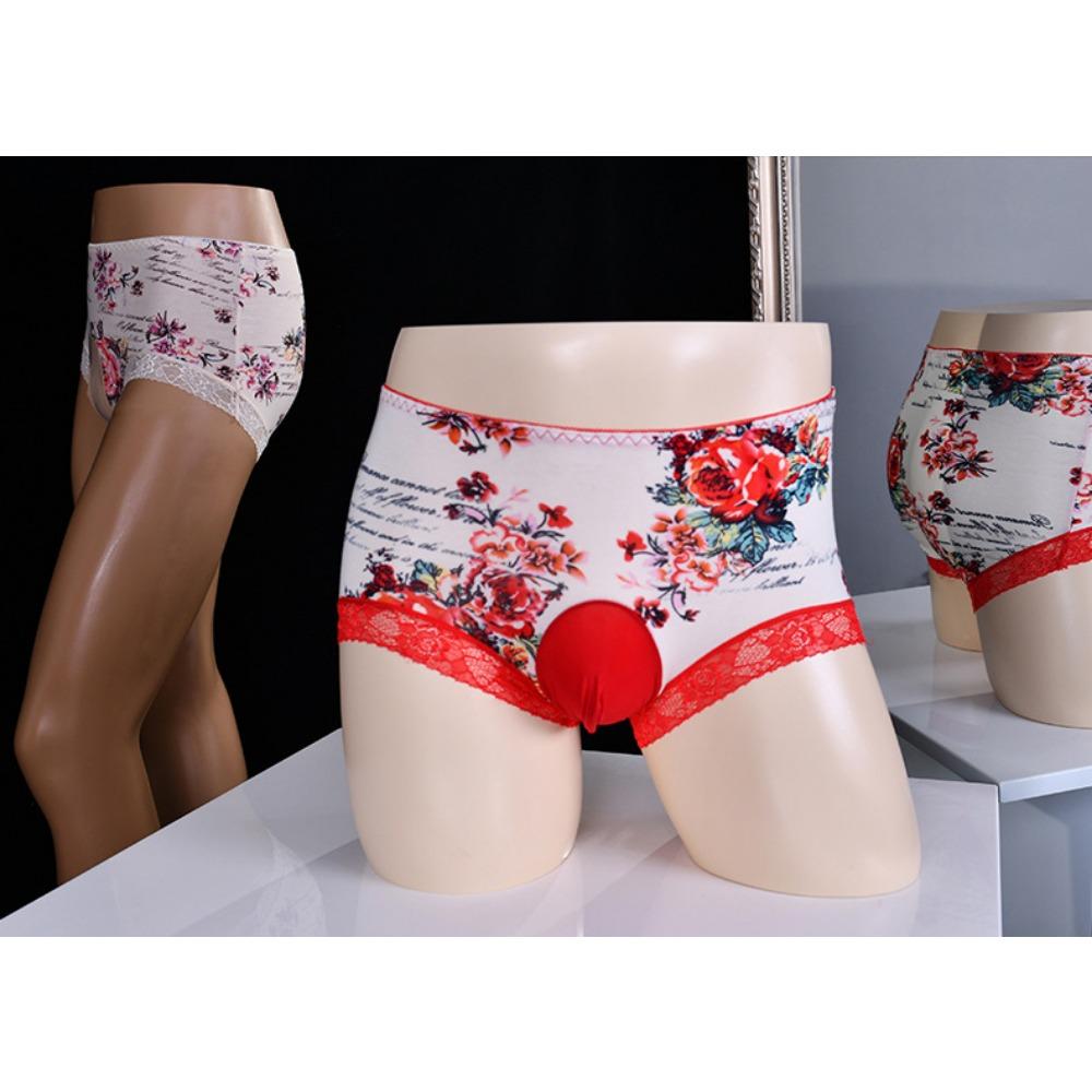 Men's Egg Pants Sexy Lace Printed Panties Fabric Traceless Mid-Waist Cotton Shorts Comfortable
