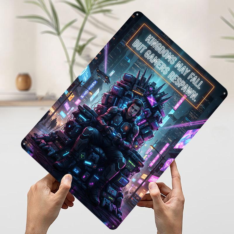Gamer King in Cyberpunk Cityscape Tin Plaque Poster Customized Wall Art Retro Vintage Metal Signs for Man Cave Office Decoration