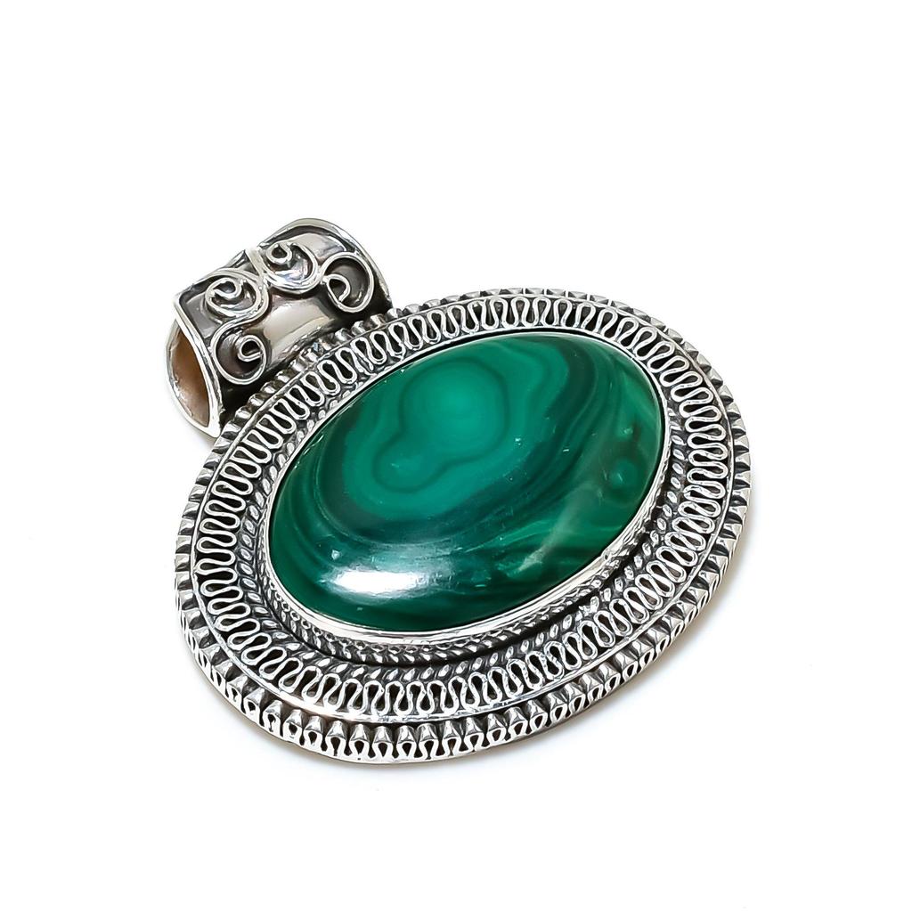 Naturlig Malakit Ädelsten Silverhänge i 925 Sterling Silver - Handgjord Design, Smycken för Vardagsbruk, Antika Hängsmycken Gåvor Till Mamma