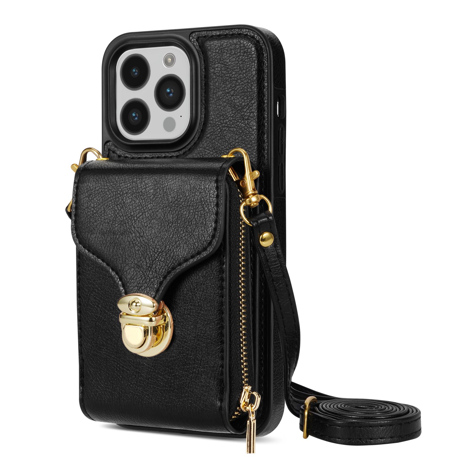 

For iPhone 16 Pro Max Wallet Case Card Slots PU+TPU Phone Cover with Strap Black