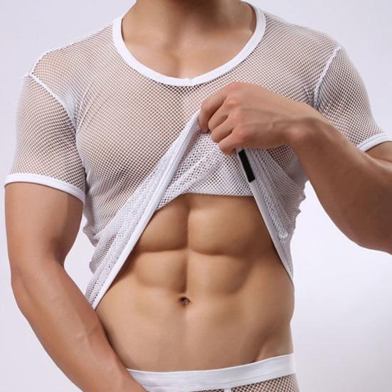 Men V-Neck Color Short Sleeve Hollow Tops Breathable Casual Style Tops