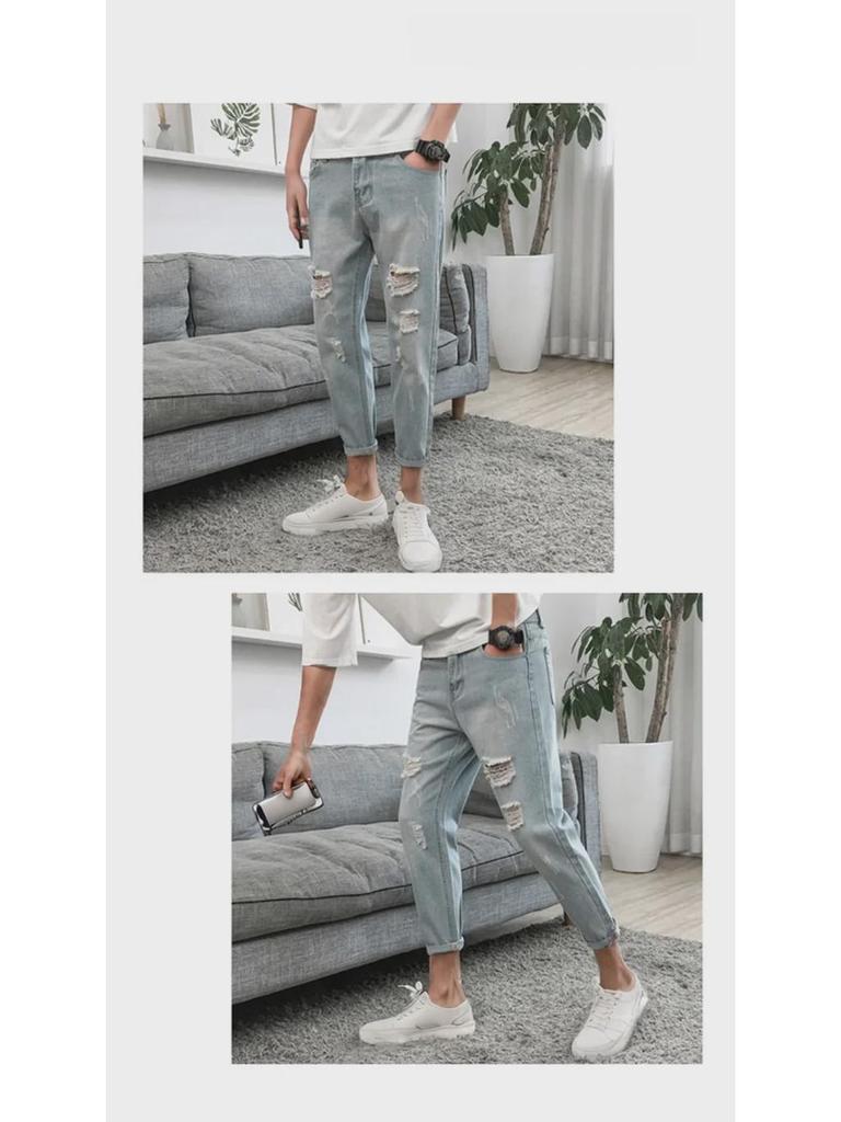 Jeansi skinny rupți la modă pentru bărbați în stil coreean - Slim, largi, lungime nouă puncte pentru primăvară/vară