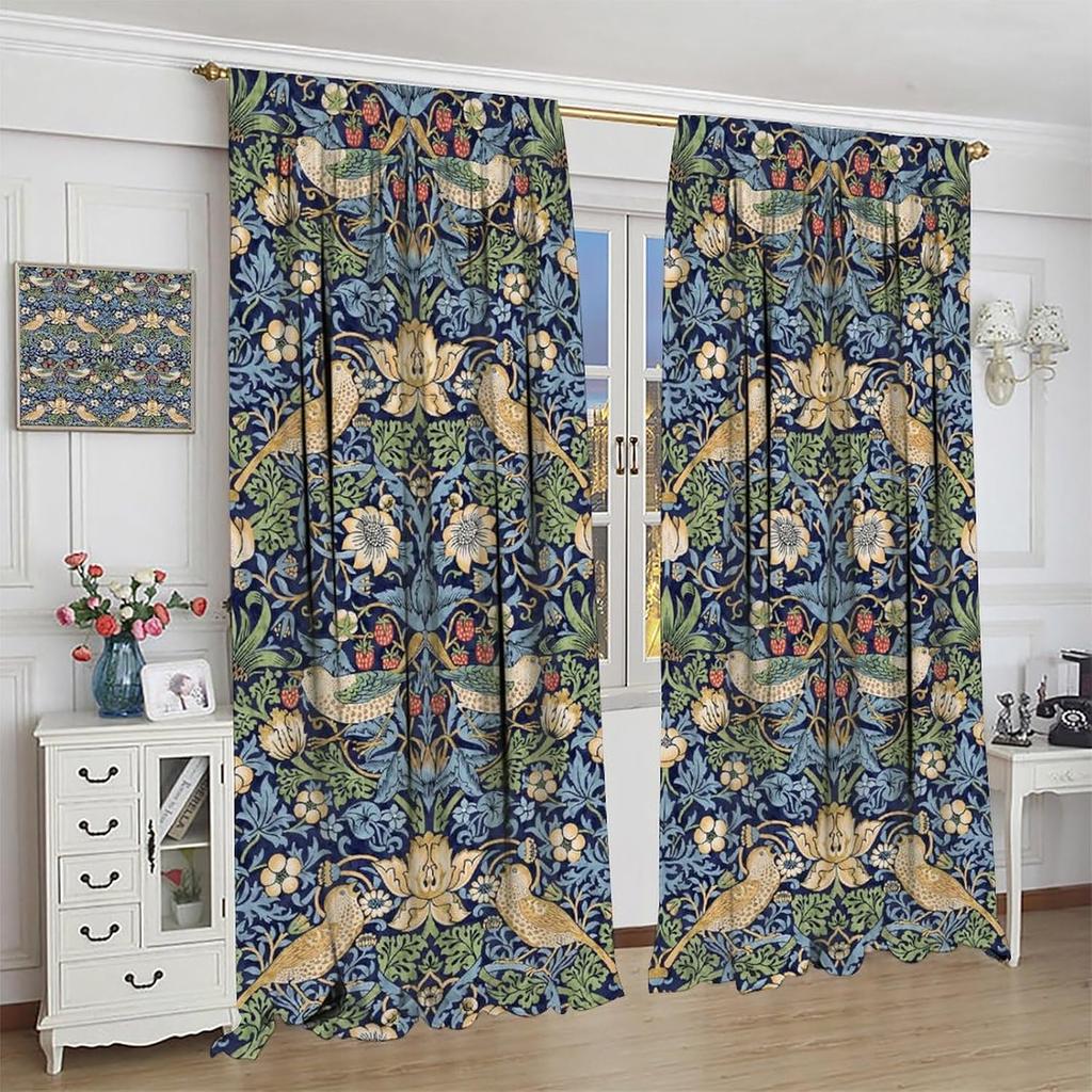 Vintage Floral Curtain  Blue William Morris Original Design Strawberry Thief for Bedroom  Living Room   Kitchen Privacy Curtain  2 P