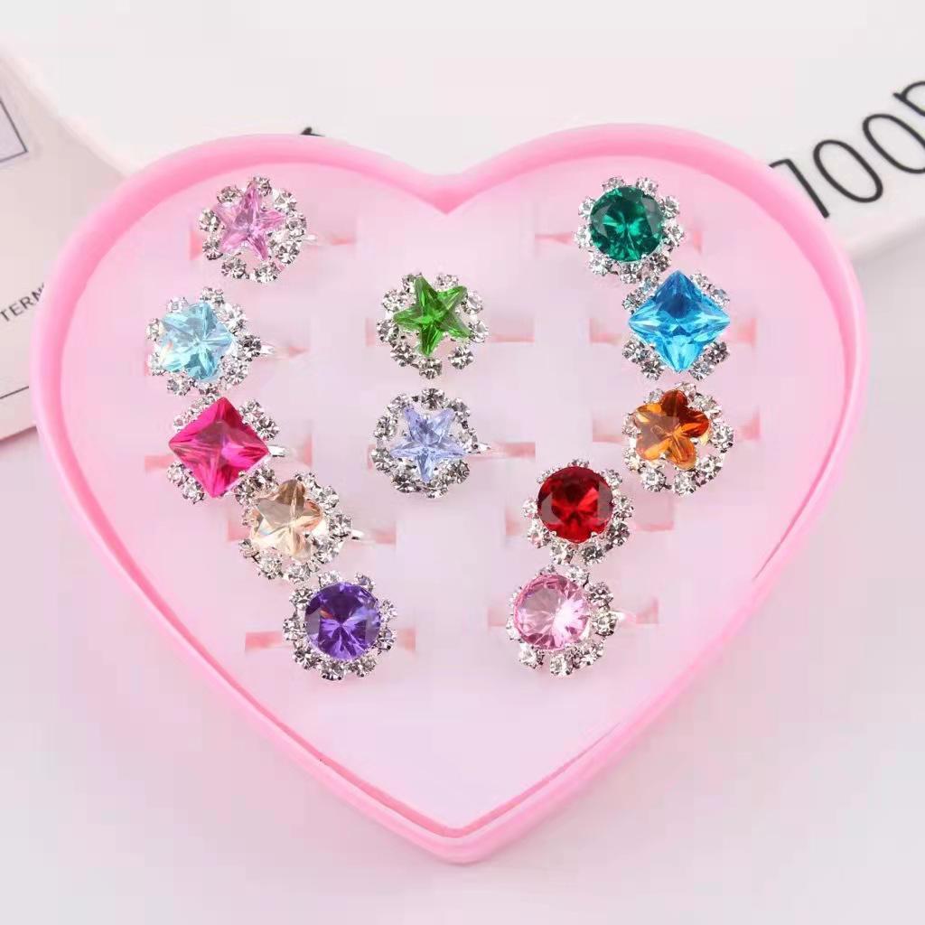 Korean Style Kids  Crystal Ring Set - 36 Cute Colored Diamond Princess Rings in Peach Heart Box