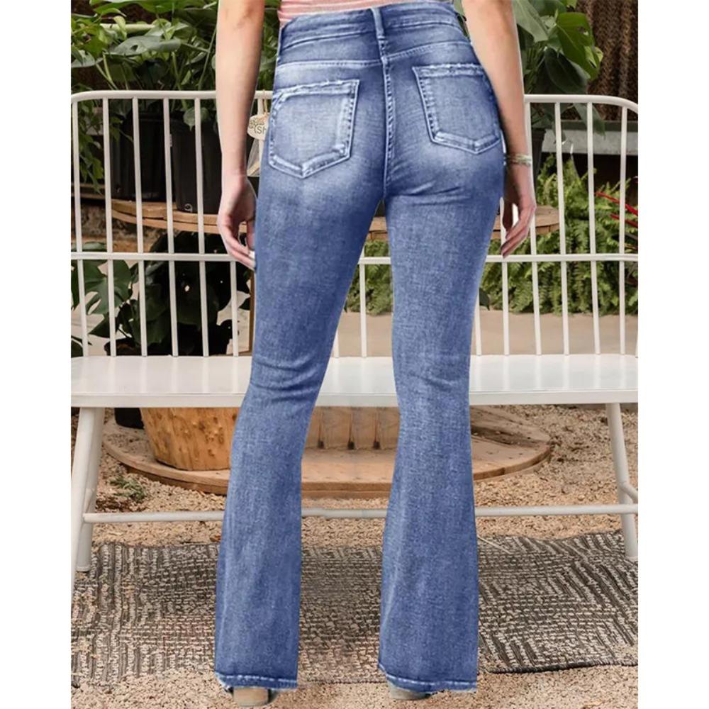 Jeans Bootcut Vita Media da Donna Pantaloni Svasati Vintage Denim Elasticizzato Lavato Pantaloni Lunghi con Bottoni Laterali