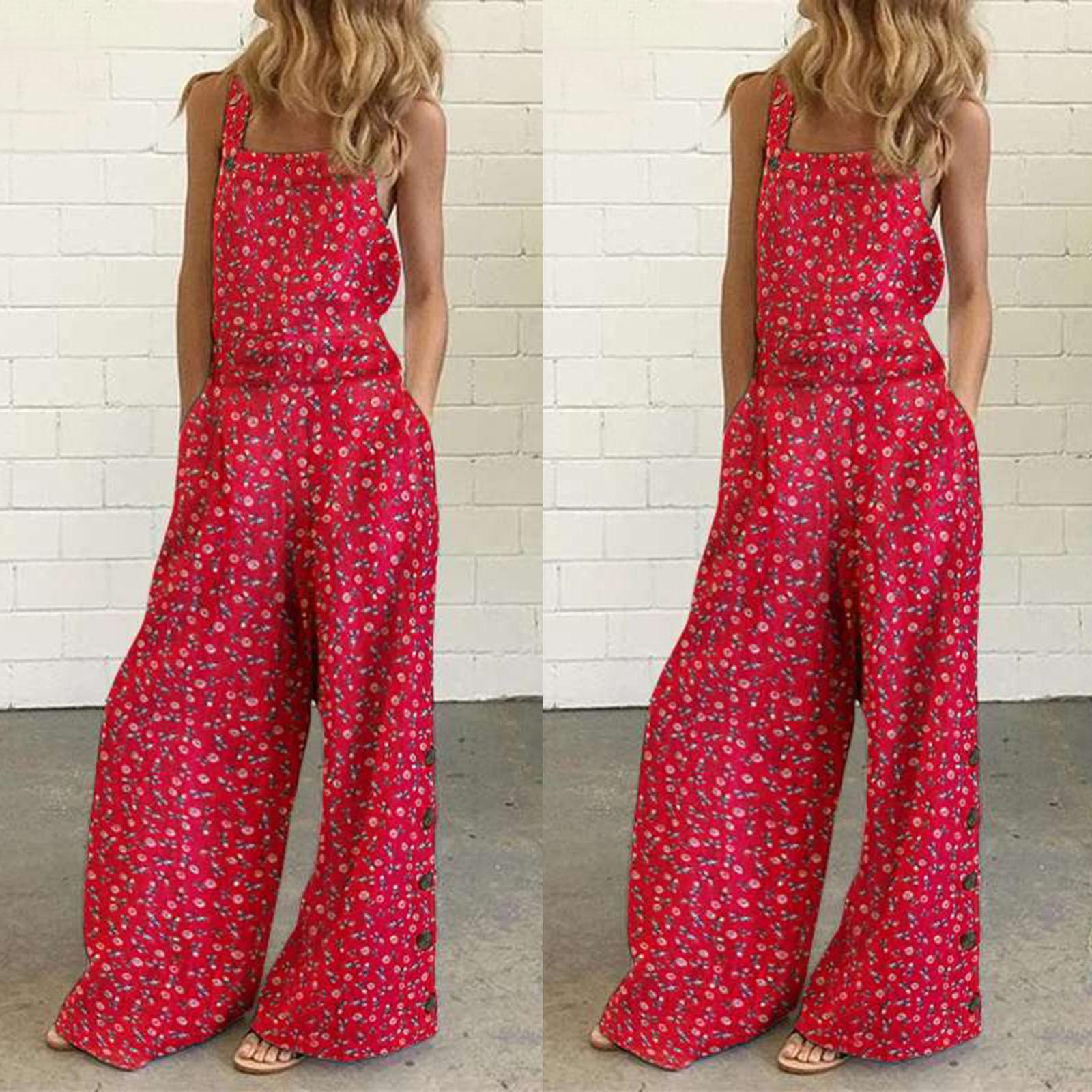 

Women s Floral Prints Straps Wide Leg with Pockets Vintage Jumpsuit S червоний