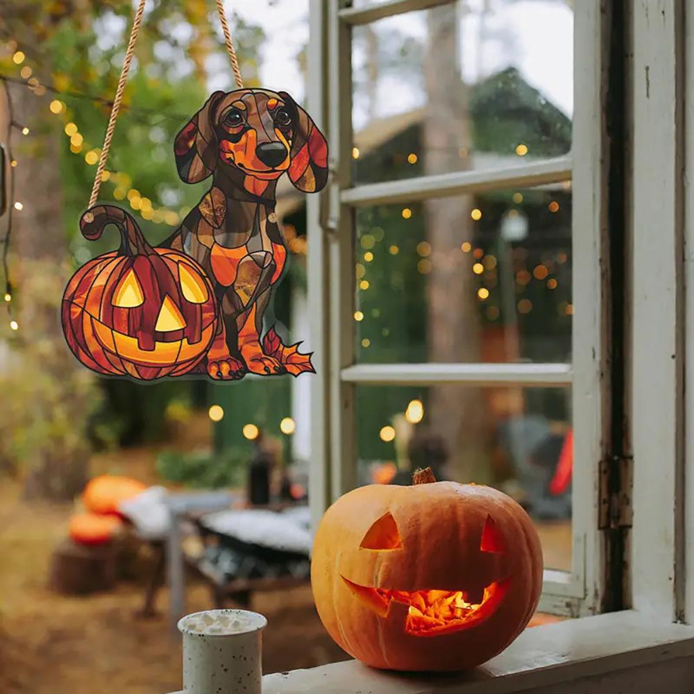 2D Flat Acrylic Dachshund Window Pendant, Pumpkin, Acrylic Dachshund Indoor Window Charm Animal Ornament for Living Room Kitchen Balcony 13.75*15cm