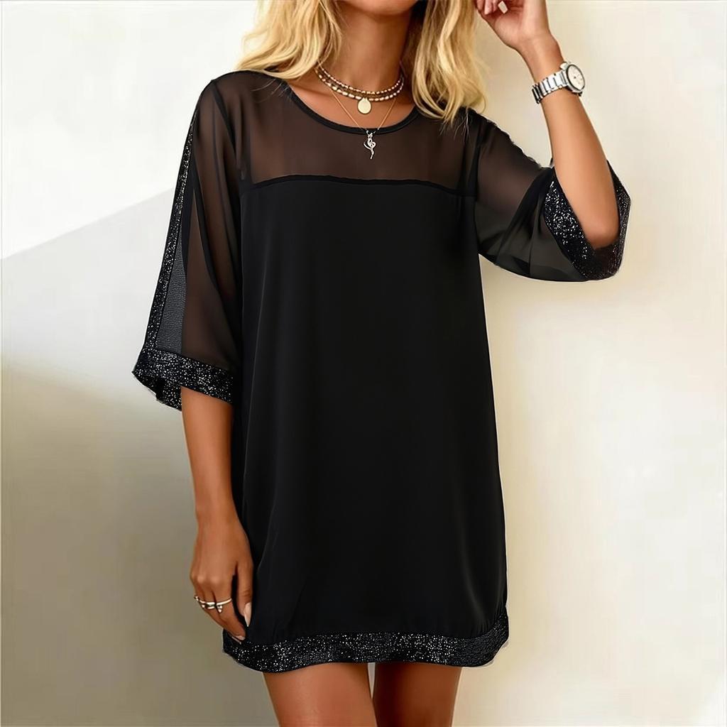 Women's Fashion Stitching Mesh Sequins Round Neck Sexy Slim-Fit 3/4 Sleeve Dress