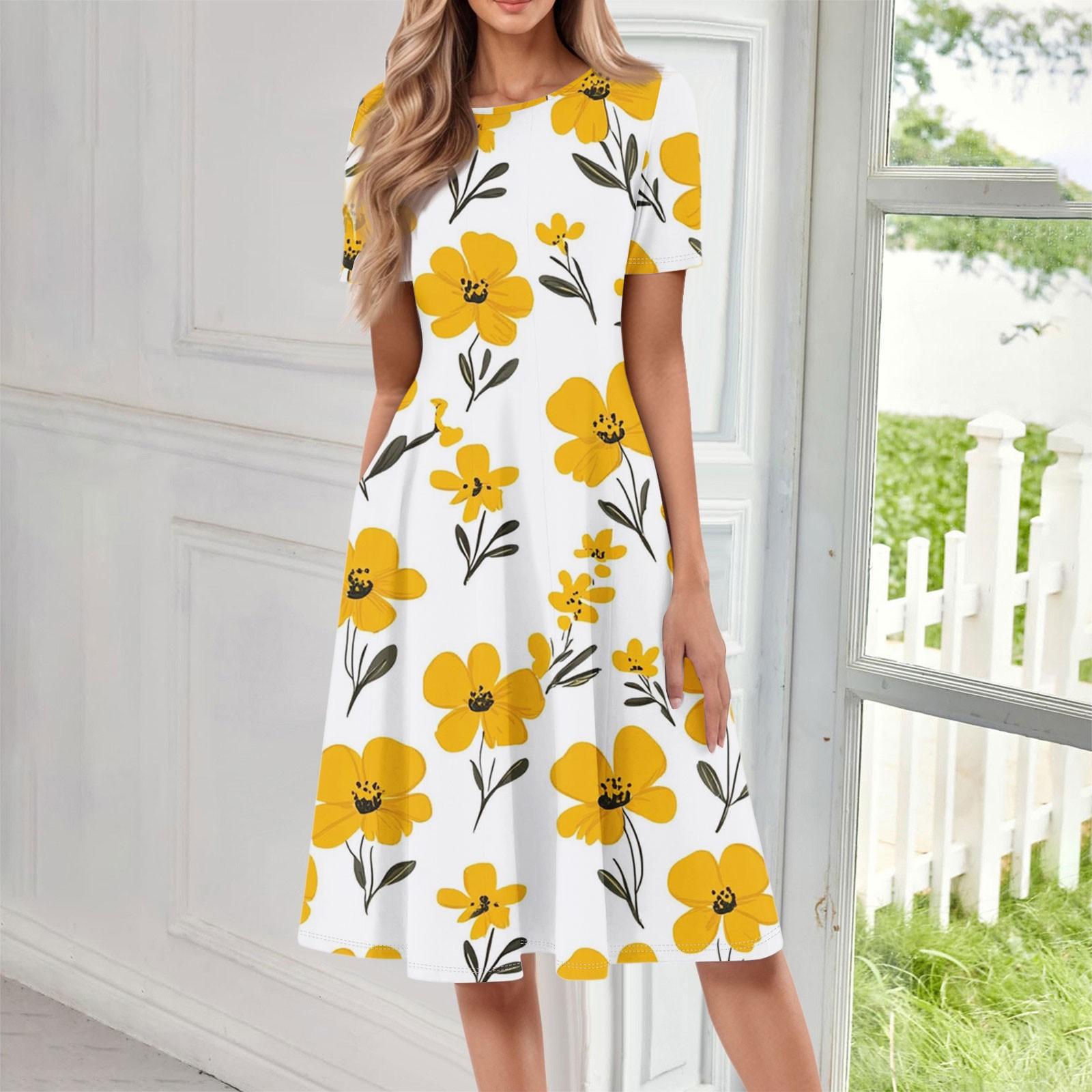 

Women s Casual Fashion Round Neck Short Sleeve Floral Print Midi Dress XL жовтий