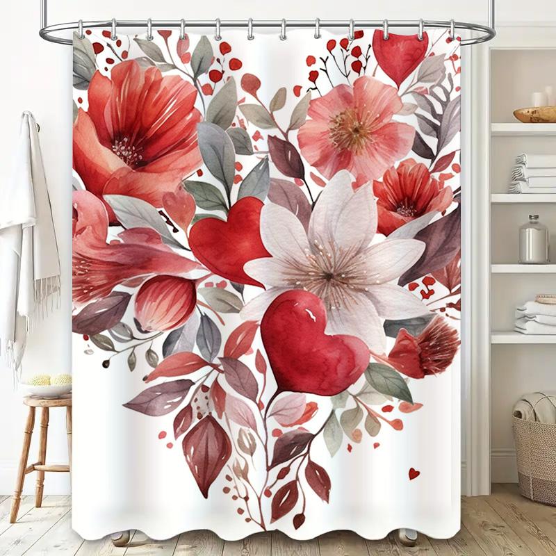 Romantic Red Floral Heart Shower Curtain - Waterproof, Mildew-Resistant, Machine Washable For Elegant Bathroom Decor