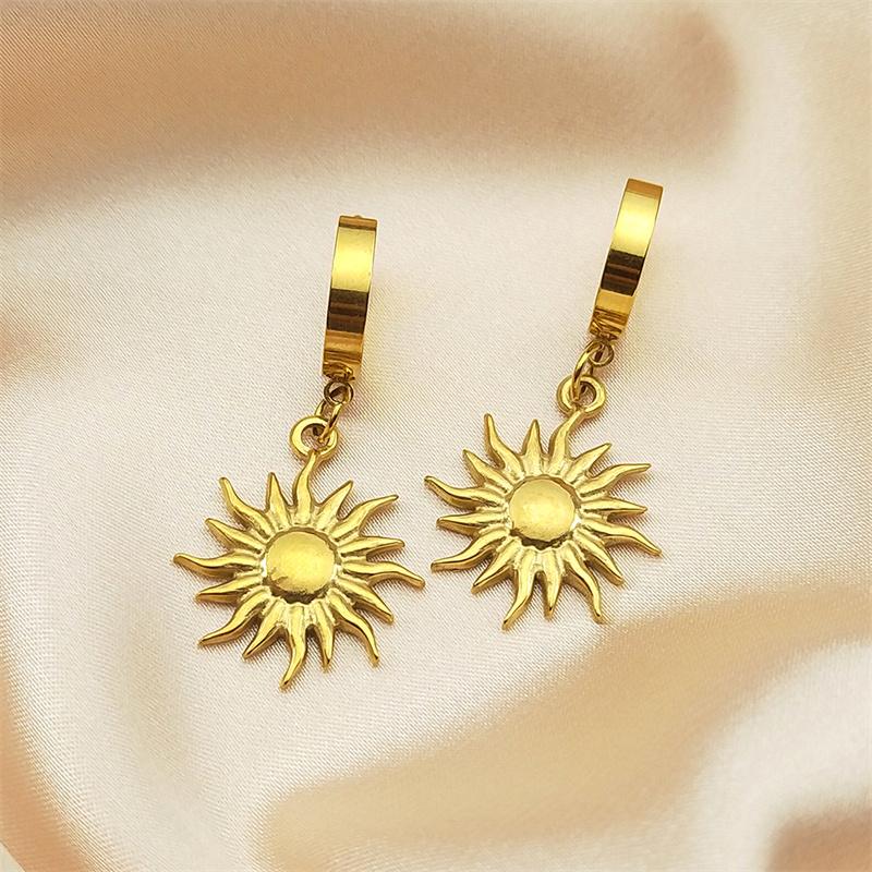 Vintage Sun Pendant Hoop Earrings Female Men Stainless Steel Gold Color Geometric Earring Hip Hop Ear Hoops Piercing Jewelry