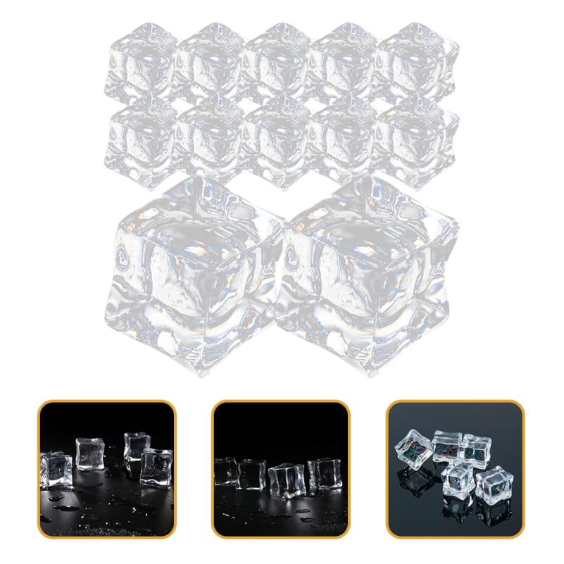 Amosfun 60pcs Transparent Fake Ice Cubes, Artificial Plastic Models, Realistic, 2cm, for Decoration, Photography, Table Decor, Parties, and Weddings