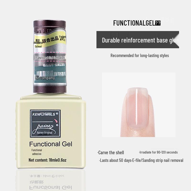 Rainie Nail Gel Builder: Strengthening Base & Tempered Top Coat with Matte Glass Sealer & Nail Tip Adhesive.
