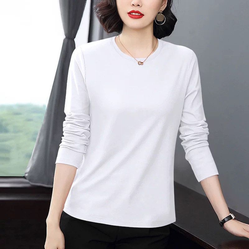 

Long-Sleeved T-Shirt for Women, Spring and Autumn New Style, Large Size, Fashionable, Stylish, Round Neck, Loose, Versatile, Beautiful Blouse Top White [Solid Color] 4XL([Recommendation 80-90kg])
