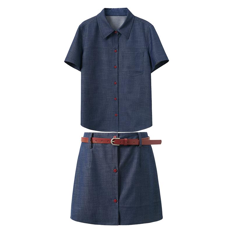 

Sancai Faux Denim Short Sleeve Cardigan & Skirt Set L