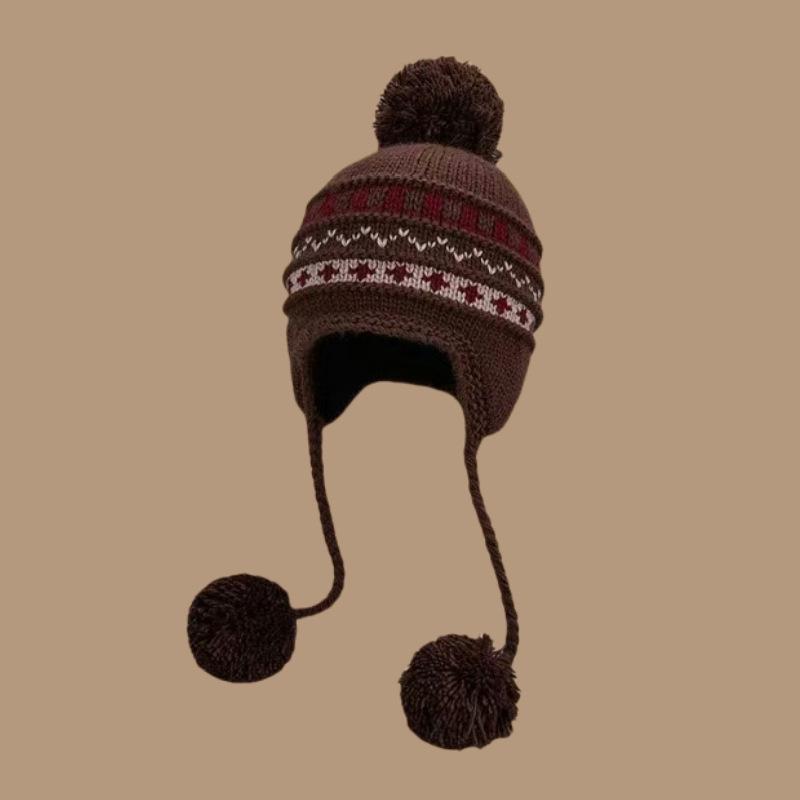 

Женская вязаная шапка с помпоном в стиле Fair Isle для большой головы - Теплая шерсть, плюс бархат, морозостойкая, шапка-бини с защитой ушей
