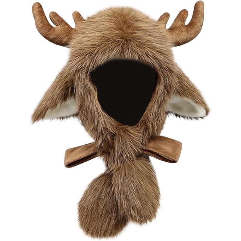 Warm Christmas Plush Elk Pullover Hat Autumn/Winter Thicken Windproof Cute Ear Protection Faux Fur Lined Comfortable Bomber Cap