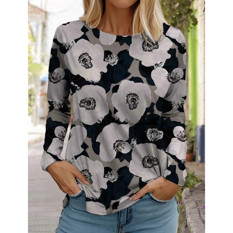 Long-sleeved Round Neck Casual Tops 3d Printed Flowers Fashion Stickers Printed Women's T-shirts