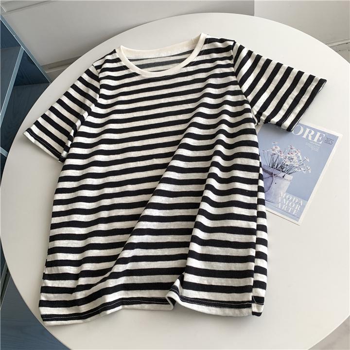 

Женский полосатый топ из хлопка и льна с короткими рукавами и круглым вырезом, лето 2025, корейский стиль One Size
