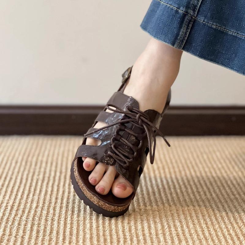 Fashion 2025 New Real Leather Sandals for Men Women Summer Casual Roman Handmade Cork Flat Slipper Platform Cross Lace Zapatos De Mujer