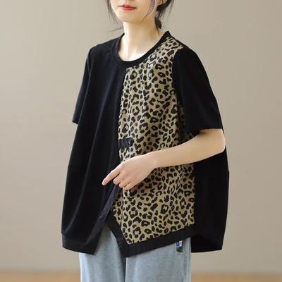 T-shirt for Women Summer Large Size Cotton T-shirt Soft Loose Leopard Casual Comfortable Pullover T-shirt Top