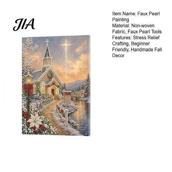 Stress Relief Hobbies Christmas Church Faux Pearl Art Kit, Painting DIY 15.75 Round Crafting x 11.81 Inch Beginners Craft for Adults, Relaxing