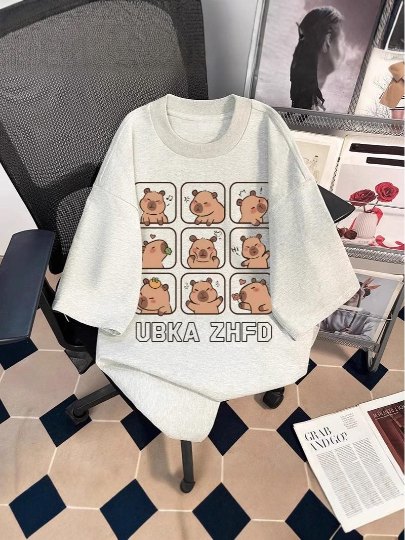 

Korean-Style Capybara Print Women s Summer Loose Fit Heavyweight Cotton T-Shirt 3XL