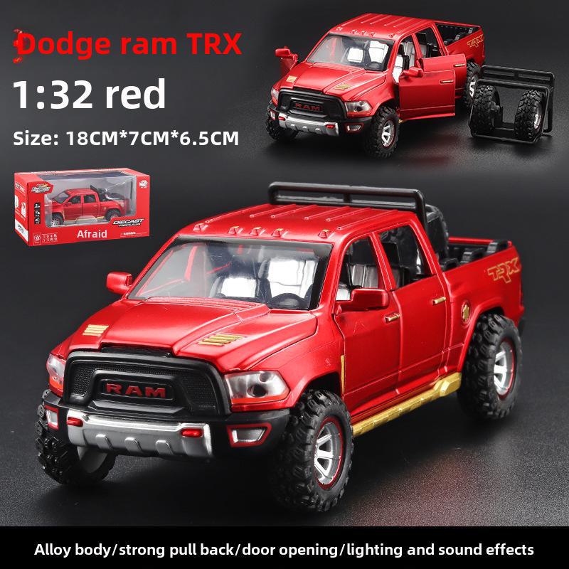 

Модель пикапа Dodge Ram TRX в коробке: Имитация сплава, игрушечный автомобиль с инерционным механизмом, запасным колесом, звуком и светом. красный