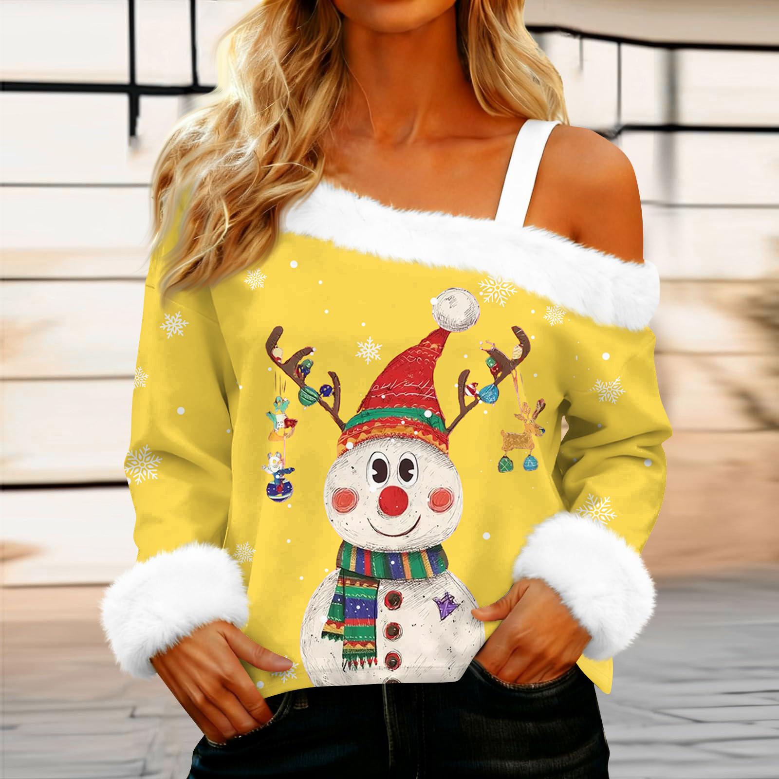 

Женская повседневная модная сексуальная футболка с открытыми плечами, рождественским узором, длинным рукавом и круглым вырезом XL жёлтый