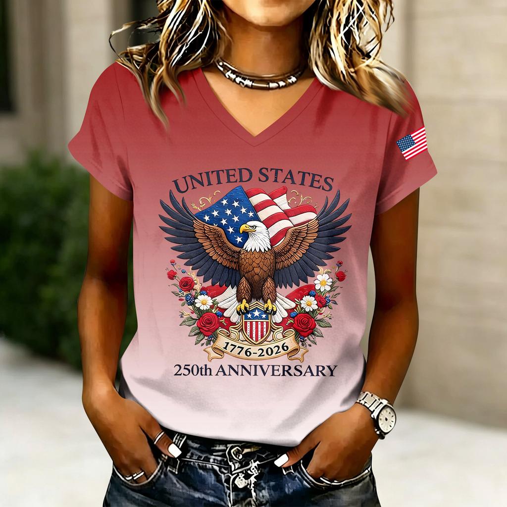 Women's Casual V Neck Short Sleeve T Shirt with Graphic Print United States Anniversary Eagle and Flag Design Lightweight Top