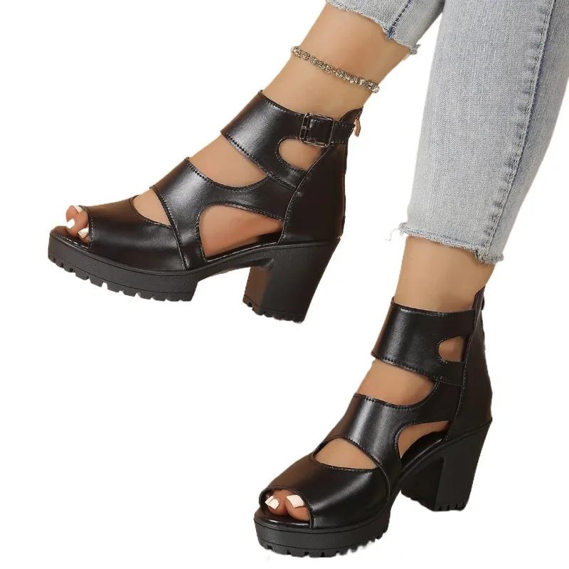 2025 Summer Women's Peep Toe Sandals Platform Buckle Chunky Heels Back Zip Sandals for Plus Size Retro Daily Dress Shoes