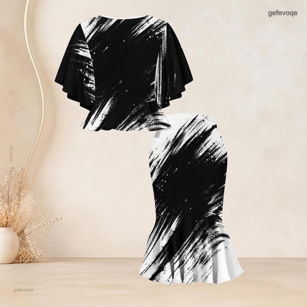 Women Plus Size Two Piece Set Round Neck Batwing Sleeve Black White Printed Ruffle Hem Top Fishtail Skirt