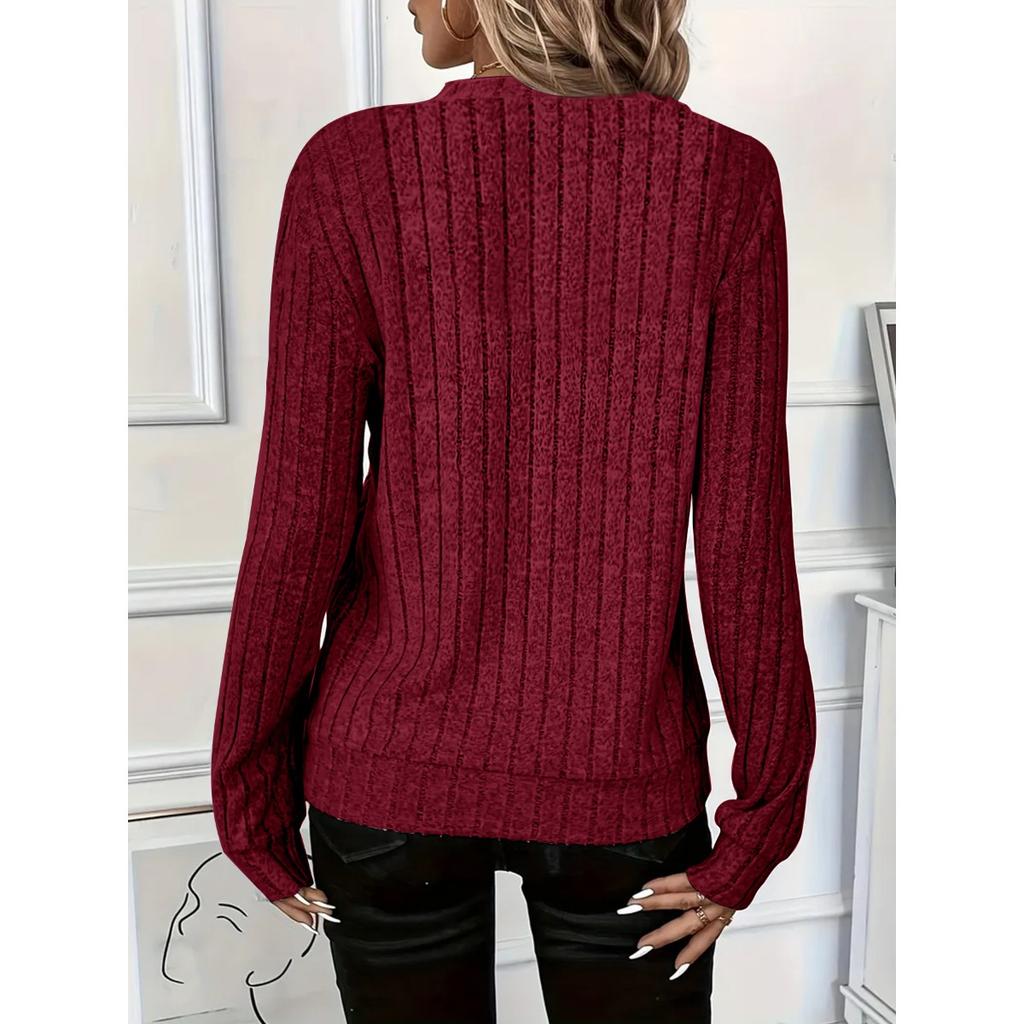 Høst og Vinter Dame Strikket Ribbestrikket Ensfarget Stoff Glidelås Langermet Dame T-skjorte