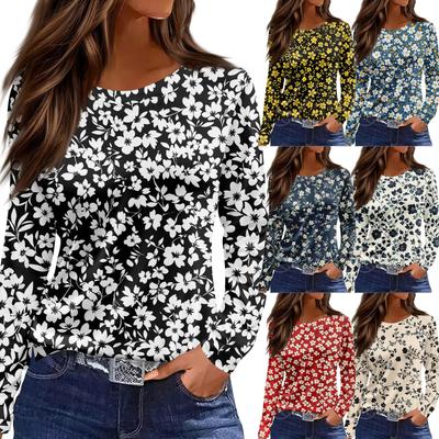 Damenmode Lässig Schlitz Saum Rundhals Langarm Lose Bedrucktes T-Shirt Damen Top
