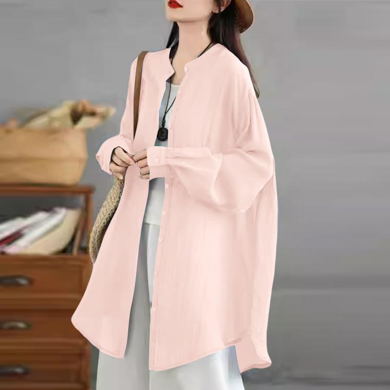 ZANZEA Dame Casual Rund Hals Ensfarget Løs Langermet Bluse
